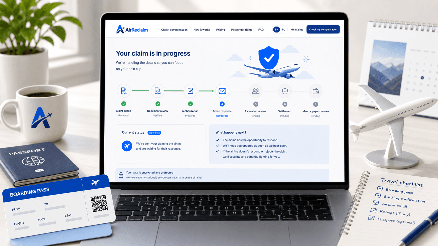 AirReclaim flight-delay compensation timeline with document review, airline response, and payout review stages.