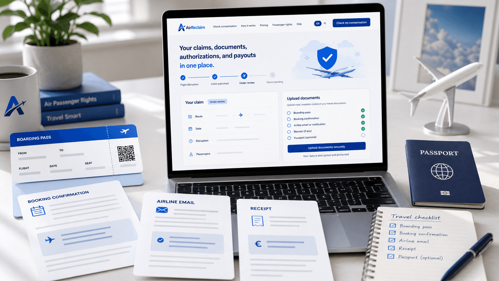 Organized travel documents, boarding proof, airline messages, and secure upload checklist for a flight compensation claim.