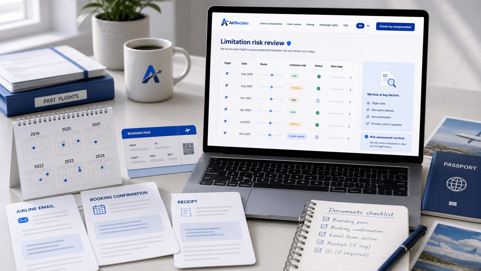 Archived flight documents, calendar, and review checklist for an older flight compensation claim.